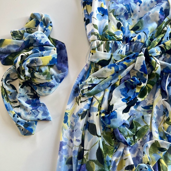 Marina FLORAL‎ LONG SLEEVE FAUX WRAP DRESS Blue Green Chiffon Size 14 Midi NWT - Picture 11 of 14